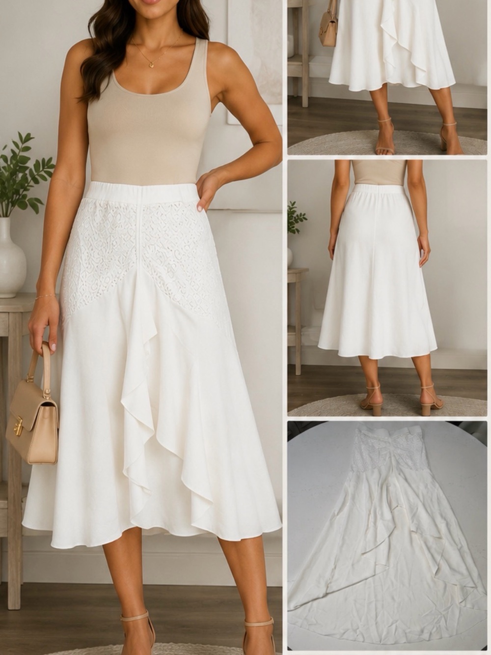 White Lace-Trim Ruffle Midi Skirt